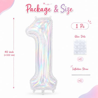 40 Inch Iridescent Number 1 Foil Balloon for Girls 1st Birthday Decorations - Variation of Iridescent / Number 1