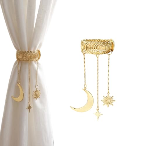 Gold Celestial Sun and Moon Elastic Curtain Tiebacks - Vintage Style