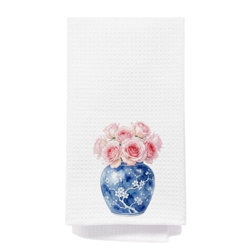 Chinoiserie Pink Rose Floral Kitchen Dish & Hand Towels 16x24 - Decorative & Functional