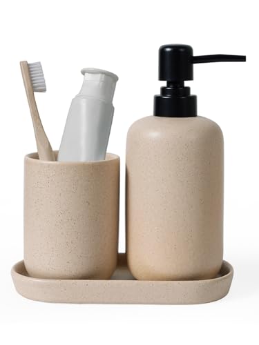 Ceramic Bathroom Accessory Set with Soap Dispenser Toothbrush Holder Tray Beige