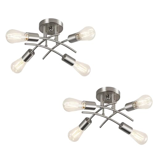 piano7797 4-Light Industrial Semi Flush Mount Ceiling Light Fixture, Modern Sputnik Chandelier Light Fixture,Brushed Nickel Ceiling Light Fixture for Kitchen Bedroom Living Room Hallway 2 Pack