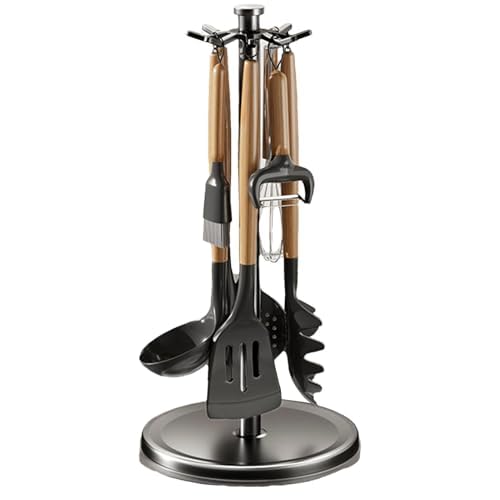 Kitchen Utensil Hanger Stainless Steel Utensil holder Rotatable Cooking Utensils Holder with 8 Hooks, Hanging Spoon Spatula Holder, Black