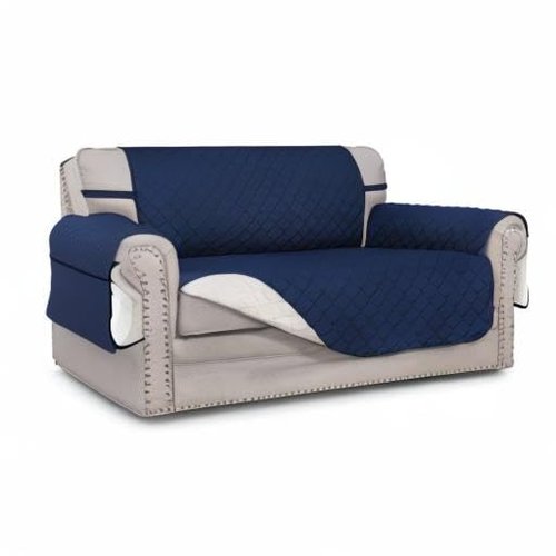 Easy-Going Reversible Loveseat Couch Cover for 2 Cushion Couch Sofa Cover for Dogs Water Resistant Furniture Protector with Foam Sticks Elastic Straps for Pet (Loveseat, Navy/Ivory)