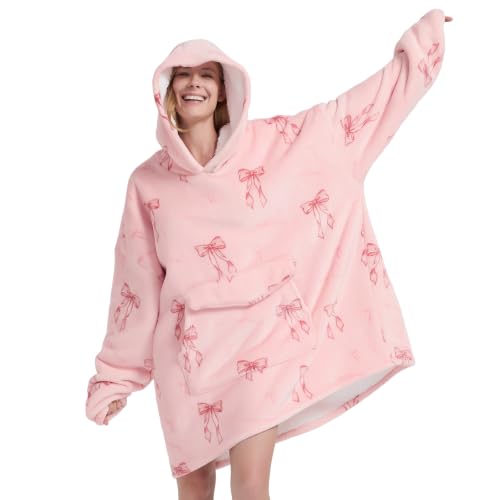 Pink Bow Wearable Blanket Hoodie for Women and Men - Oversized Cozy Hoodie with Pockets