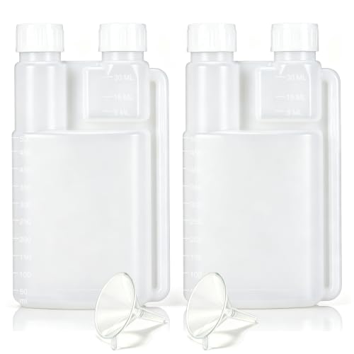 2-Pack 16oz Plastic Flask with Built-In Shot Glass and Graduated Dispenser for Liquor, Oil, Camping & Travel