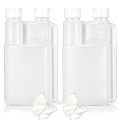 2-Pack 16oz Plastic Flask with Built-In Shot Glass and Graduated Dispenser for Liquor, Oil, Camping & Travel