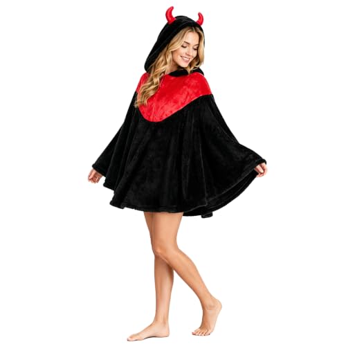 Women's Devil Horn Hooded Fleece Cape Poncho Halloween Costume - Black