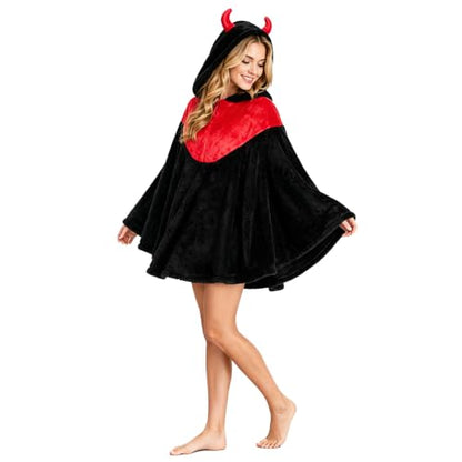 Women's Devil Horn Hooded Fleece Cape Poncho Halloween Costume - Black