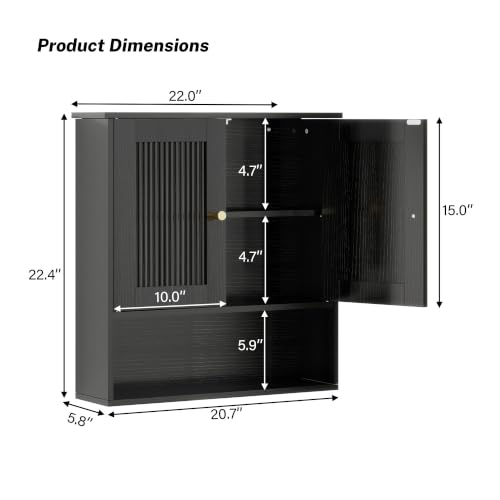 Bathroom Wall Cabinet Over Toilet - Black Fluted Medicine Cabinet with Adjustable Shelves