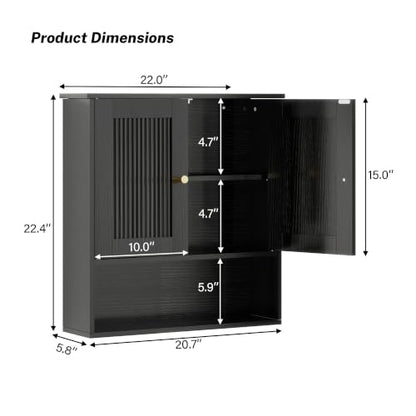 Bathroom Wall Cabinet Over Toilet - Black Fluted Medicine Cabinet with Adjustable Shelves