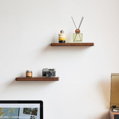 Dark Walnut Wooden Floating Wall Shelves Set of 2 - 15.7 Inch Rustic Storage