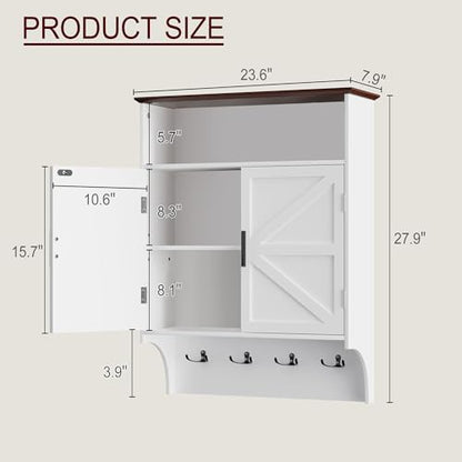 Farmhouse Wall Mount Bathroom Cabinet with Adjustable Shelves & Hooks - Ivory White