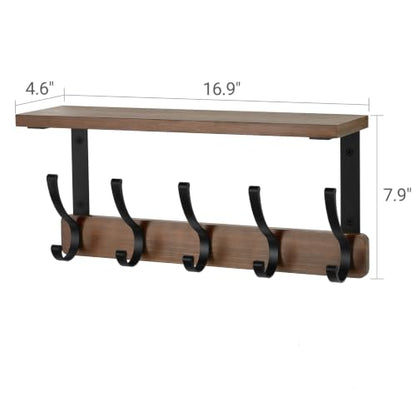 Rustic Wall Coat Rack Shelf with 5 Dual Hooks for Entryway & Home