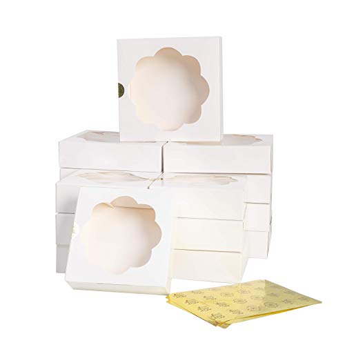 Christmas Cookie Bakery Boxes with Window and Stickers - 15 Pack, 10 Inch White Pastry Packaging