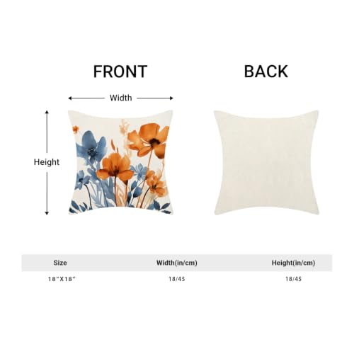 AEIOAE Blue and Orange Floral Pillowcase Set of 2 - 18 x 18 Inches, Linen Blend, Double-Sided Print, Hidden Zipper, Spring Bedroom Decor