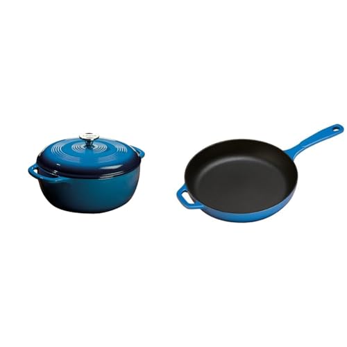 Lodge 6 Quart Enameled Cast Iron Dutch Oven with Lid and Dual Handles, Blue + Lodge Enameled Cast Iron Skillet, Caribbean Blue, 11-inch, Bundle