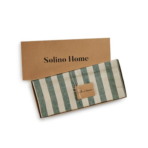 Solino Home 100% Linen Table Runner 14x144 in - Hunter Green & Natural Stripes