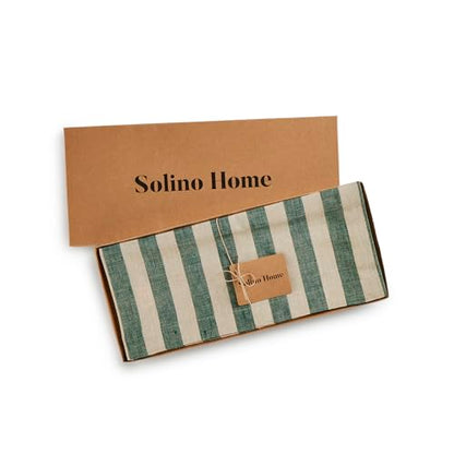Solino Home 100% Linen Table Runner 14x144 in - Hunter Green & Natural Stripes