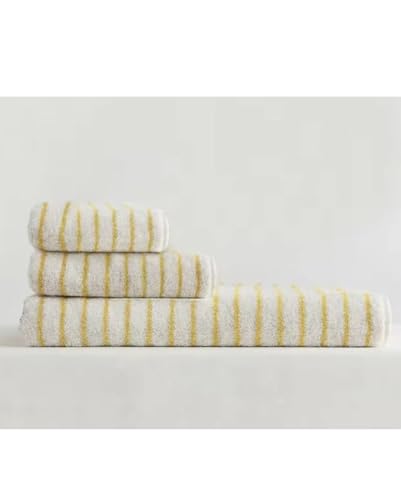 White Cotton Bath Towel Set with Yellow Stripes - 3-Piece Bathroom Linen