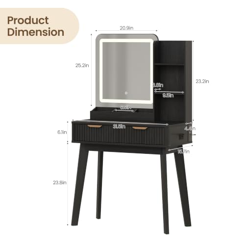 Vabches Black Small Makeup Vanity Desk with Mirror, Lights & USB-C Charger