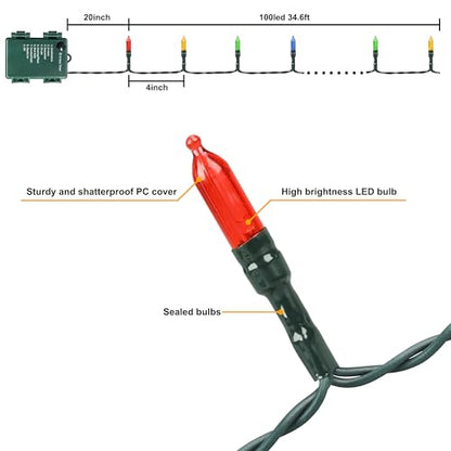 Multicolor Outdoor Christmas String Lights with Timer & Waterproof 8 Modes - 100 LED 2 Pack