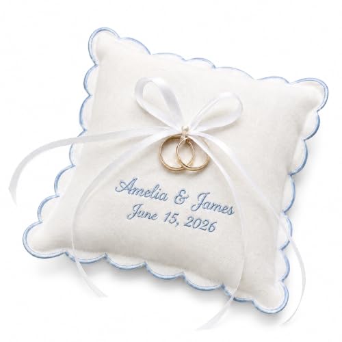 Personalized Wedding Ring Pillow with Embroidery & Scalloped Edge