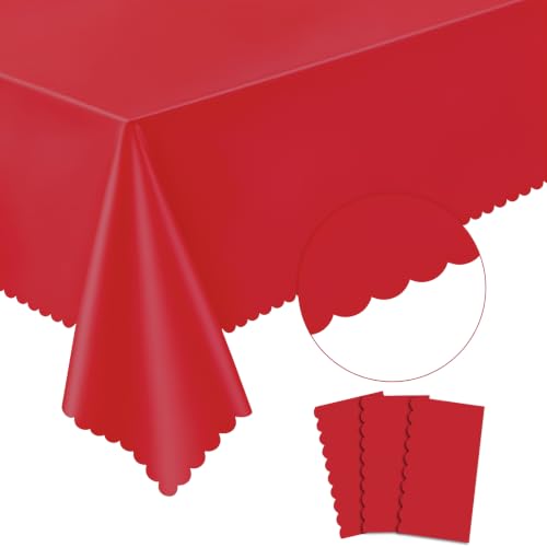 Red Plastic Tablecloth 3 Pack - Scalloped Waterproof Disposable Party Cover