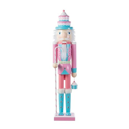 Nutcracker Christmas Decorations - 24 Inch Wooden Nutcracker Soldier with Cake Hat, Candy Cane & Cupcake - Holiday Porch Decor