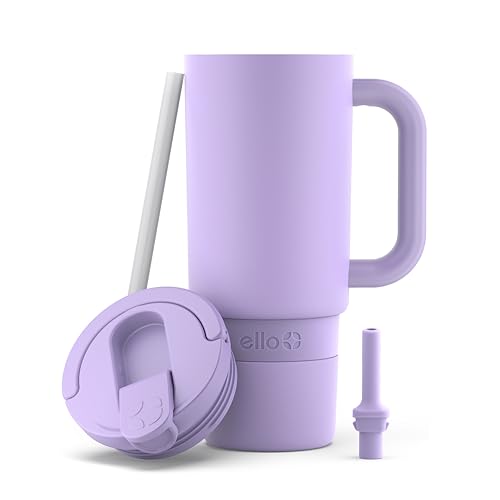 Ello Port 30oz Tumbler with Carry Loop & Integrated Handle | Vacuum Insulated Stainless Steel Reusable Water Bottle Travel Mug | Leak Proof Lid | Flexible Straw | BPA-Free | Dishwasher Safe | Lilac