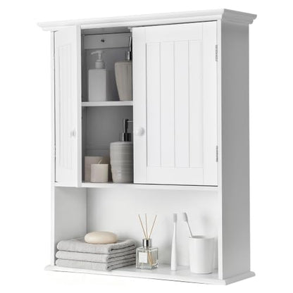White Bathroom Wall Cabinet with Adjustable Shelf & 2 Doors - Modern Storage