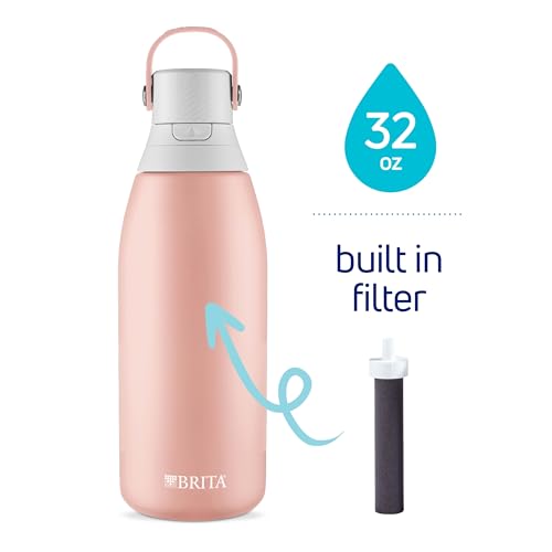 Brita Stainless Steel Premium Filtering Water Bottle, BPA-Free, Reusable, Insulated, Replaces 300 Plastic Water Bottles, Filter Lasts 2 Months or 40 Gallons, Includes 1 Filter, Rose - 32 oz.