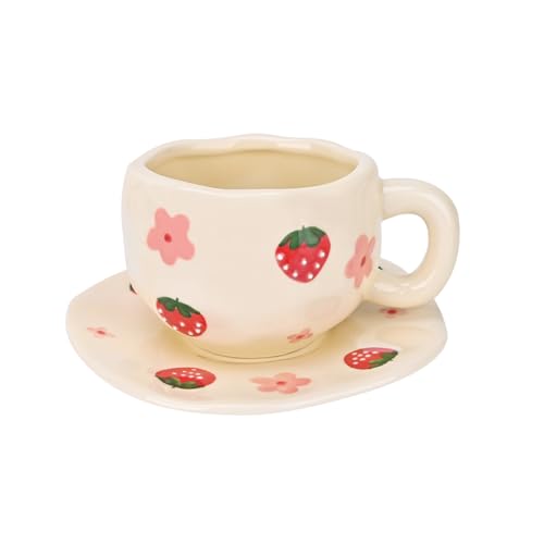 Irregular Ceramic Mug with Saucer - 10oz Strawberry Flower Latte Cup - Handcrafted