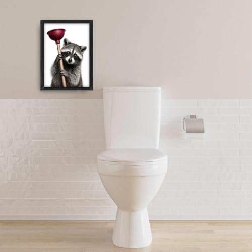 Bathroom Raccoon Wall Art Decor - 16x12 Inches Wooden Framed Canvas