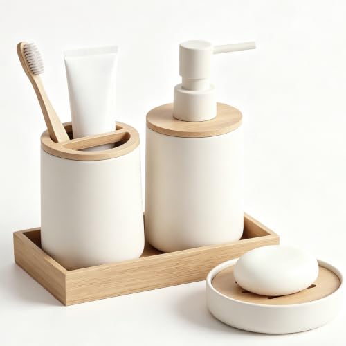 White 4-Piece Bathroom Accessories Set - Bamboo & Matte White Finish
