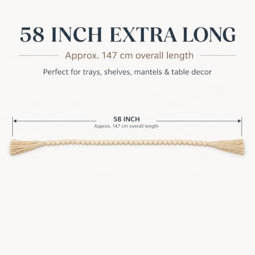 Wood Bead Garland 58in Rustic Farmhouse Decor with Tassels - Natural Finish