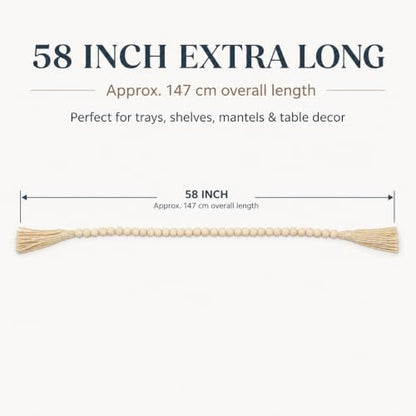 Wood Bead Garland 58in Rustic Farmhouse Decor with Tassels - Natural Finish