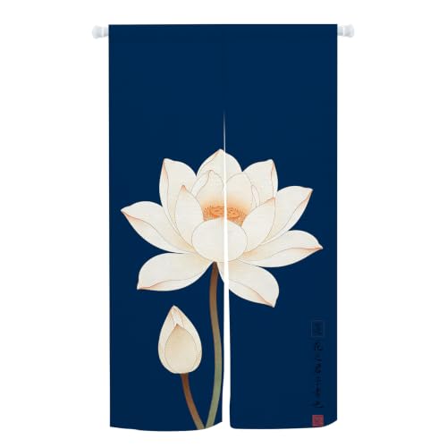 Japanese Noren Doorway Curtain - Lotus Print, Navy Blue/Blue White, 33.5x59 in - Variation: Blue White