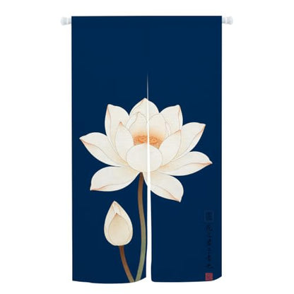 Japanese Noren Doorway Curtain - Lotus Print, Navy Blue/Blue White, 33.5x59 in - Variation: Blue White