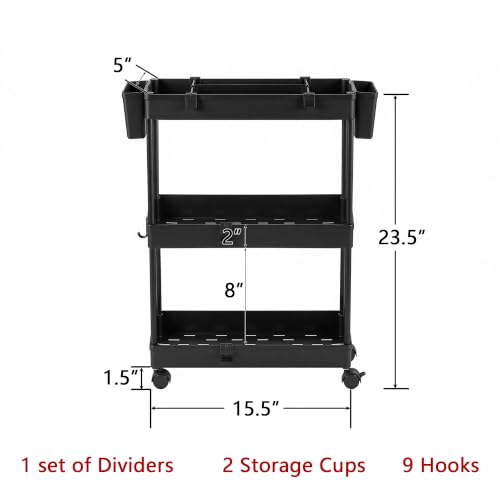 VECELO 3-Tier Slim Rolling Storage Cart with Dividers & Hooks - Black