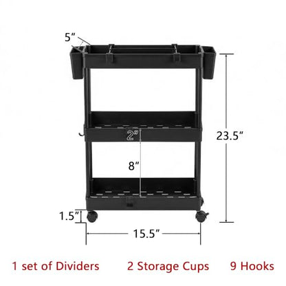 VECELO 3-Tier Slim Rolling Storage Cart with Dividers & Hooks - Black
