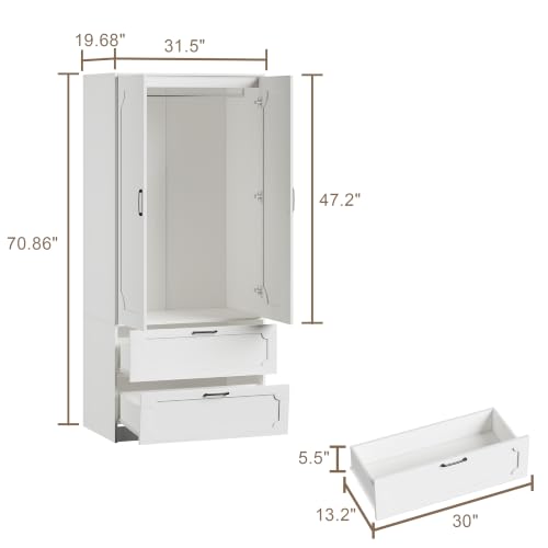 White 71'' H Armoire Wardrobe Closet with 2 Doors & 2 Drawers