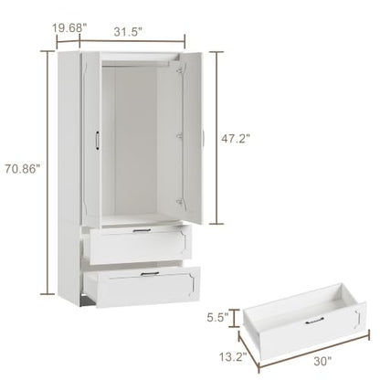 White 71'' H Armoire Wardrobe Closet with 2 Doors & 2 Drawers