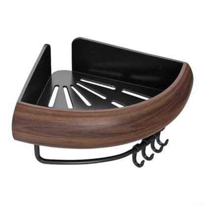 Aluminum Corner Bathroom Shelf with Walnut Finish Wall Mount Storage