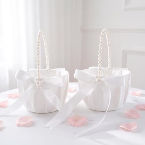 2 Pack Ivory Flower Girl Baskets for Wedding with Pearl Bow Handles