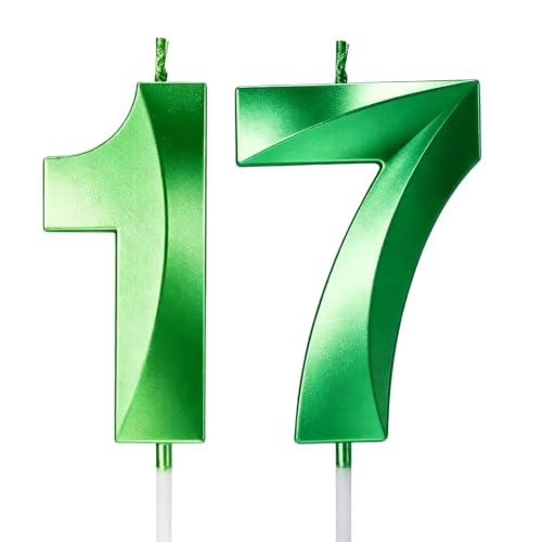 Green Number 17 Candle - 3D Gold Birthday Cake Topper for 17th Celebration - Girls Boys Party Supplies