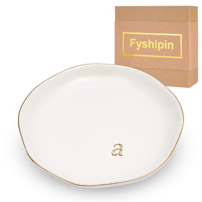 Personalized Ceramic Jewelry Tray - Gold Rim with Engraved Initial, 4.75" Gift for Women - Gold-a