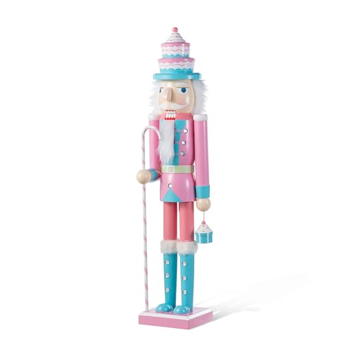 Nutcracker Christmas Decorations - 24 Inch Wooden Nutcracker Soldier with Cake Hat, Candy Cane & Cupcake - Holiday Porch Decor