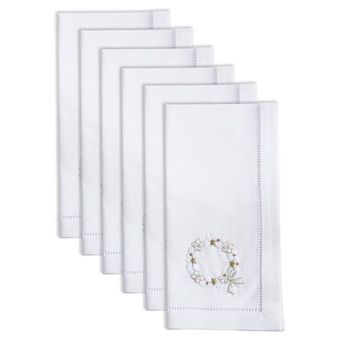 Christmas Wreath Handmade Embroidery Napkins Set of 6 - Holiday Table Decor