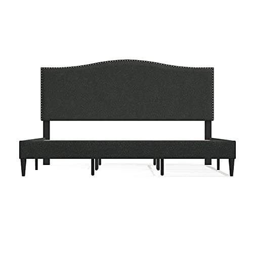 Glenwillow Home Kameli Upholstered Platform Bed Frame/Nailhead Trim Camelback/Mattress Foundation/No Box Spring Needed/Easy Assembly, Beige, Queen