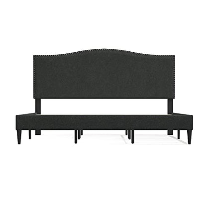 Glenwillow Home Kameli Upholstered Platform Bed Frame/Nailhead Trim Camelback/Mattress Foundation/No Box Spring Needed/Easy Assembly, Beige, Queen